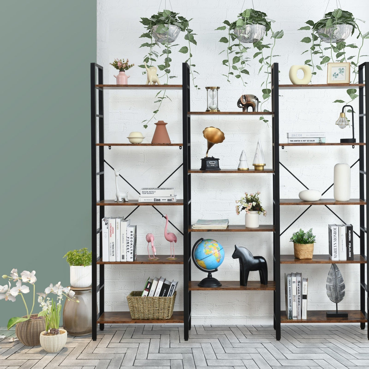 Vintage Triple Wide 5-Tier Bookcase Large Bookshelf Display Storage Shelf