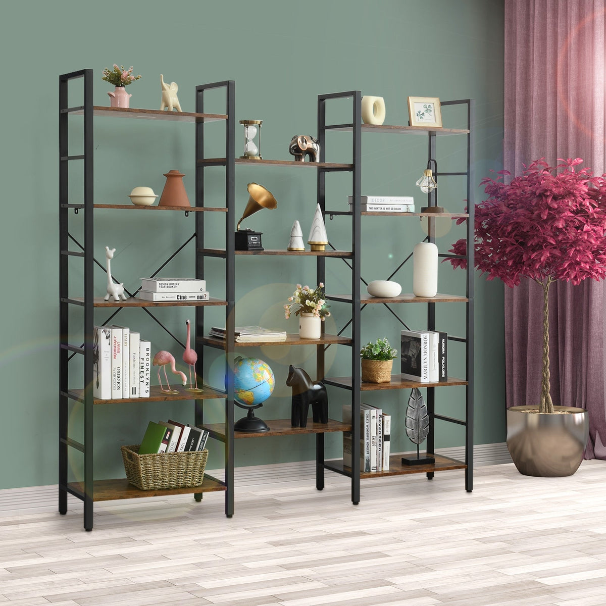 Vintage Triple Wide 5-Tier Bookcase Large Bookshelf Display Storage Shelf