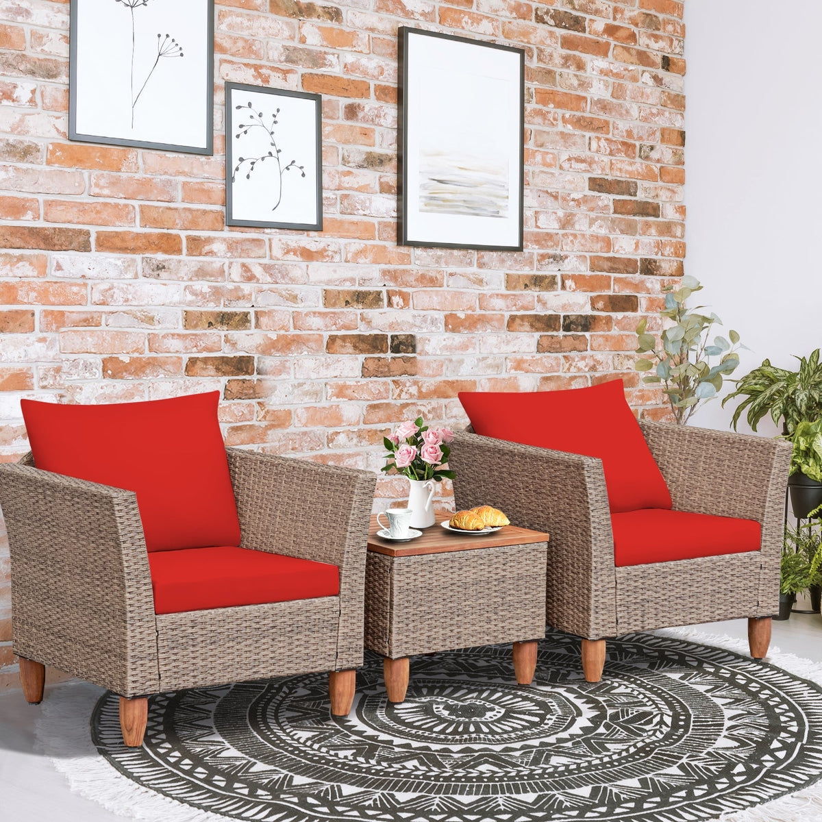 3 Pieces Patio Rattan Furniture Set with Washable Cushion for Yard Porch
