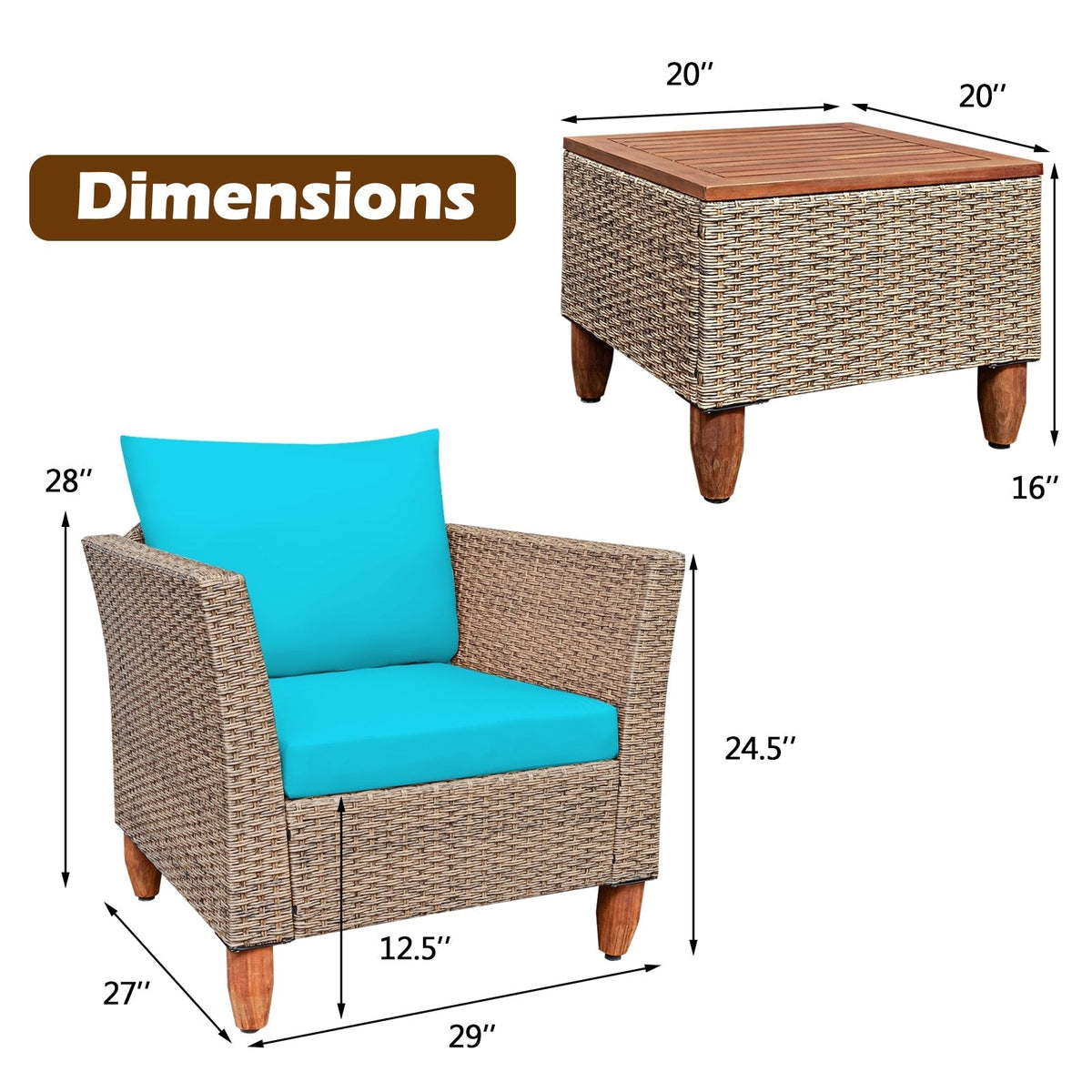 3 Pieces Patio Rattan Furniture Set with Washable Cushion for Yard Porch