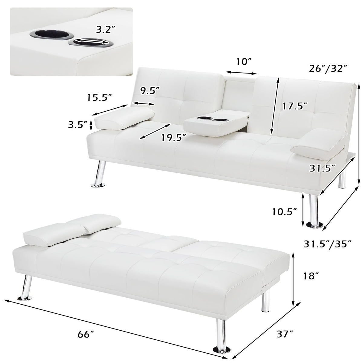 Convertible Folding Leather Futon Sofa with Cup Holders and Armrests