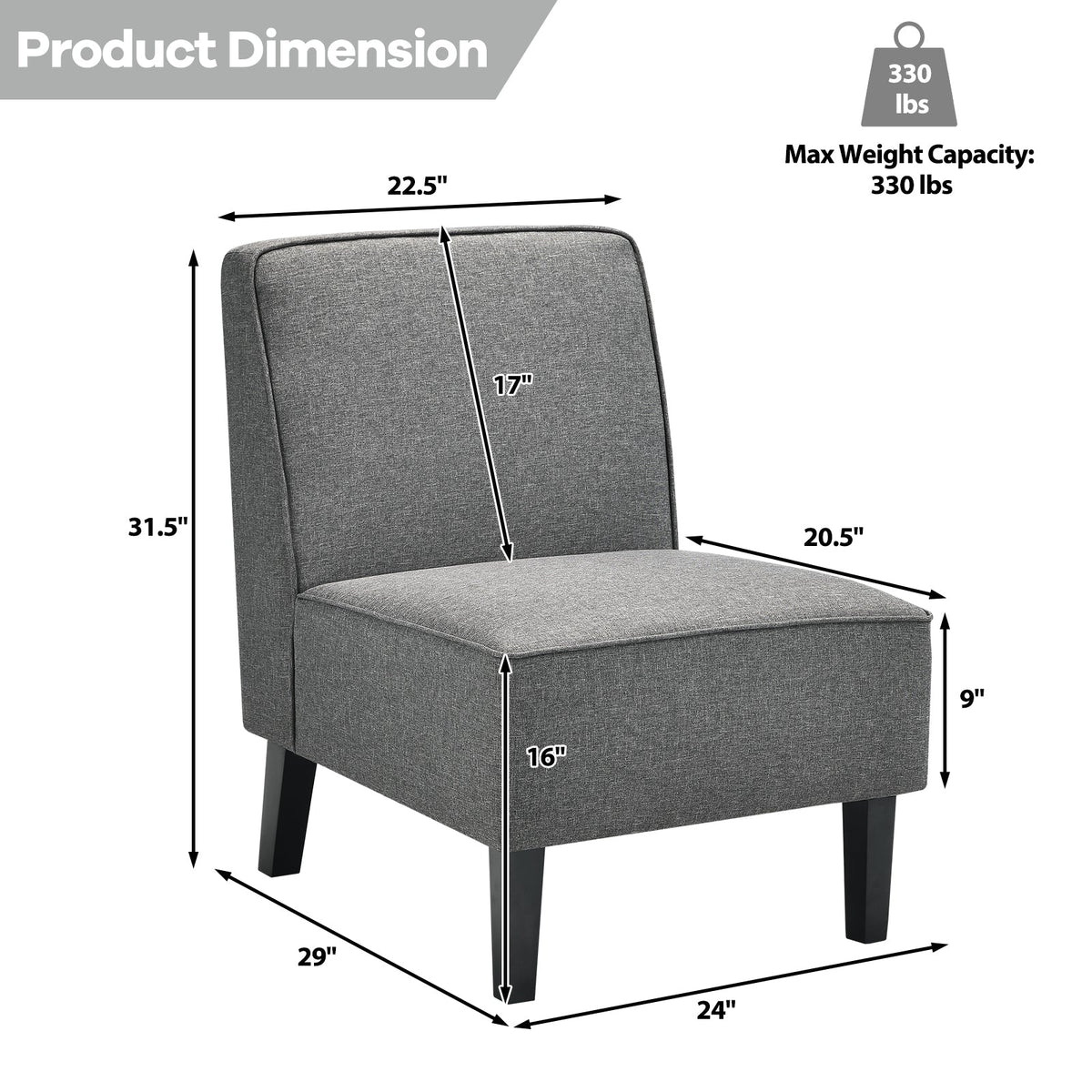 Modern Armless Accent Sofa Chair with Rubber Wood Legs