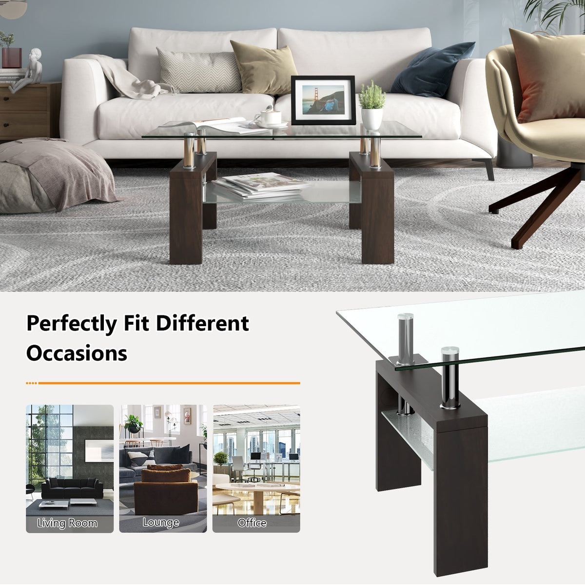 Rectangular Tempered Glass Coffee Table with Shelf