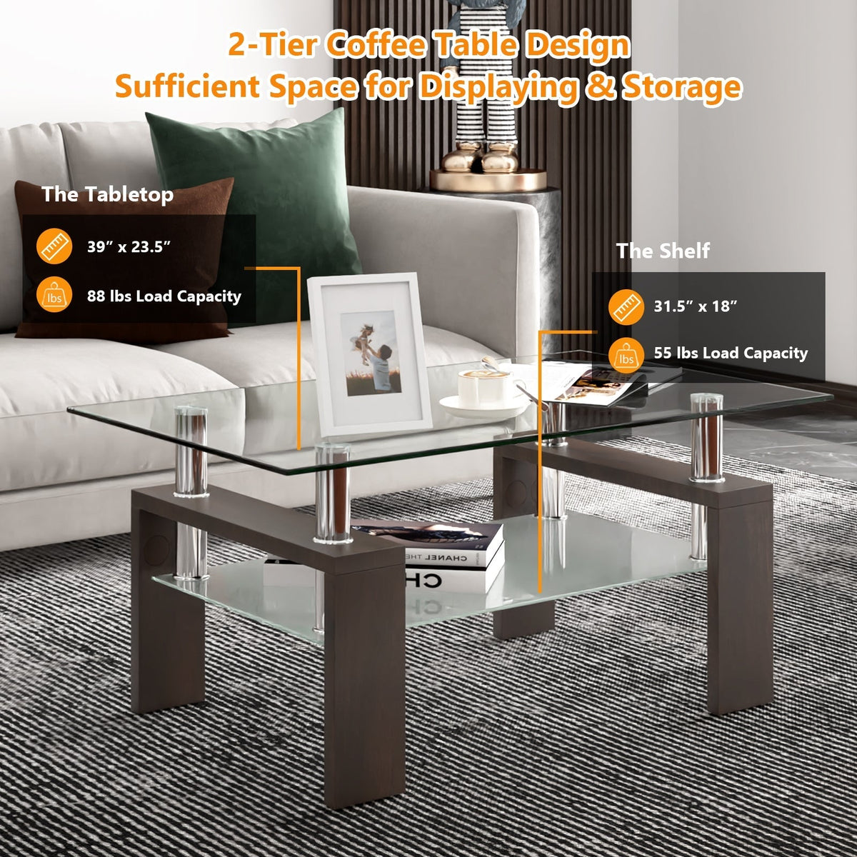 Rectangular Tempered Glass Coffee Table with Shelf