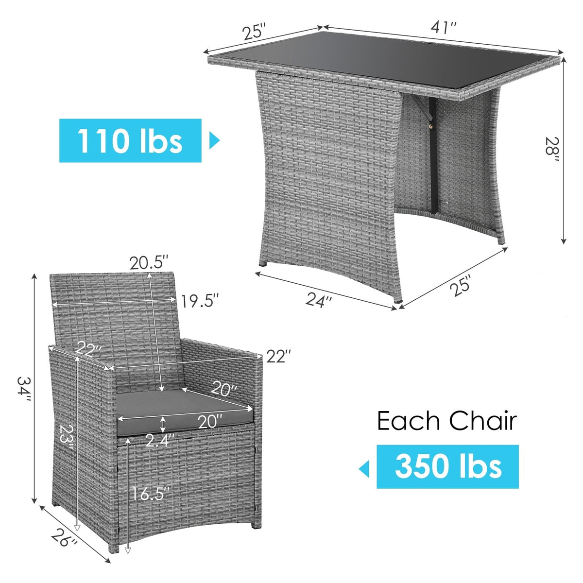 3 Pieces Patio Rattan Furniture Set with Cushioned Armrest Sofa