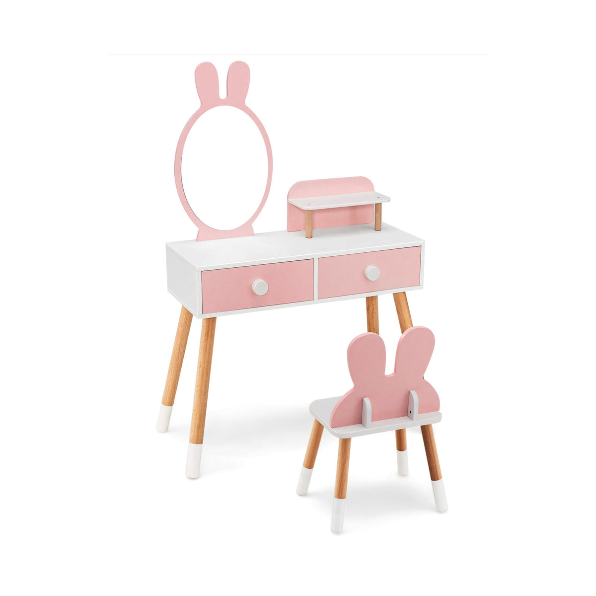 Tocador y Silla para Niños con Cajón, Estante y Espejo de Conejo