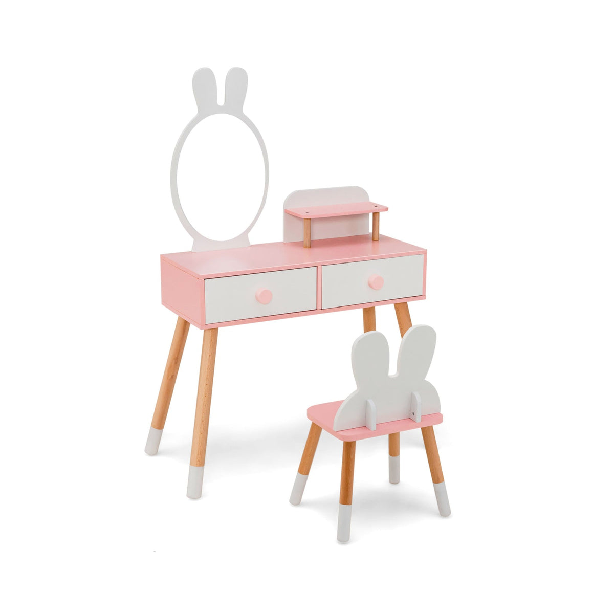 Tocador y Silla para Niños con Cajón, Estante y Espejo de Conejo