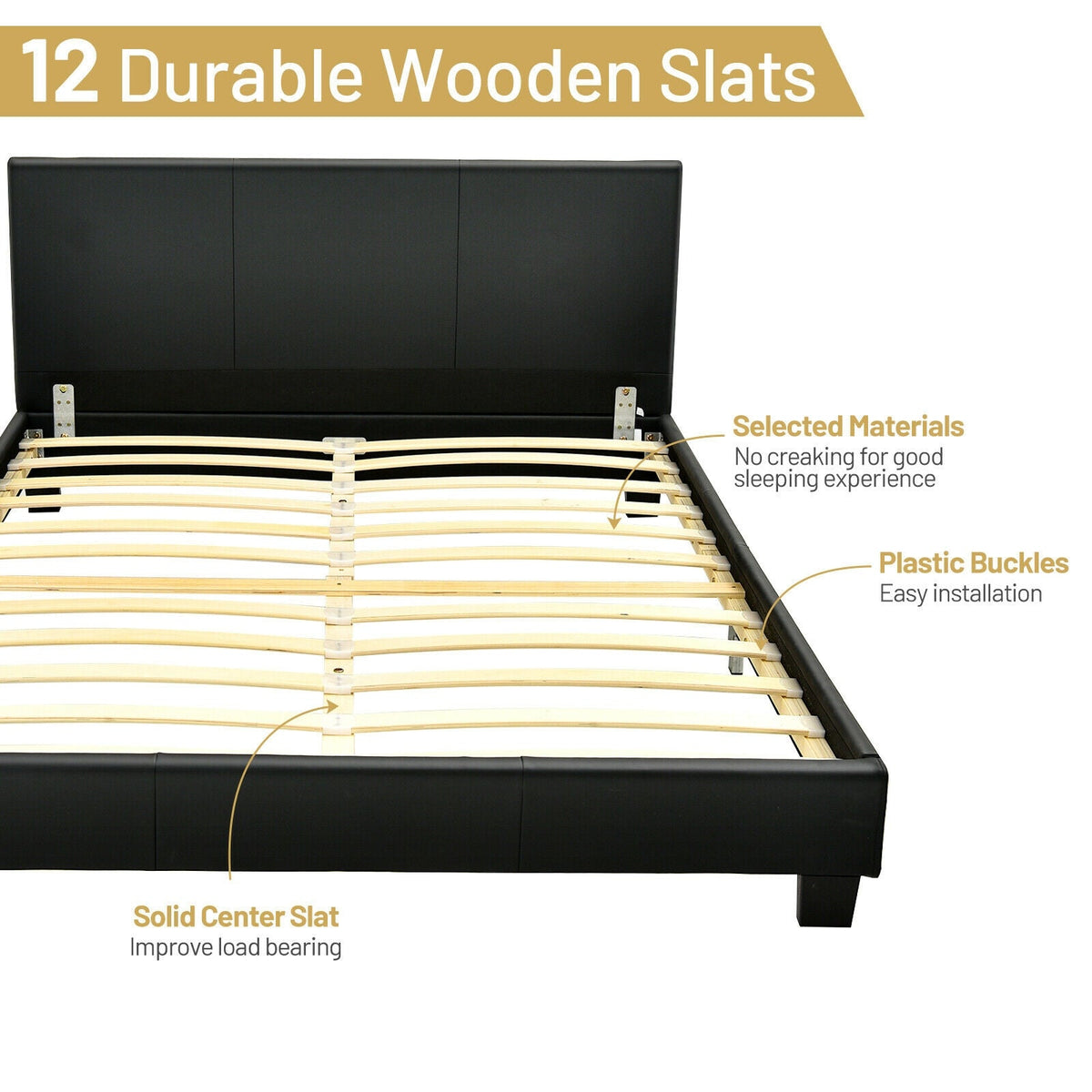 Full Upholstered Platform Bed Frame with Headboard Wood Slat