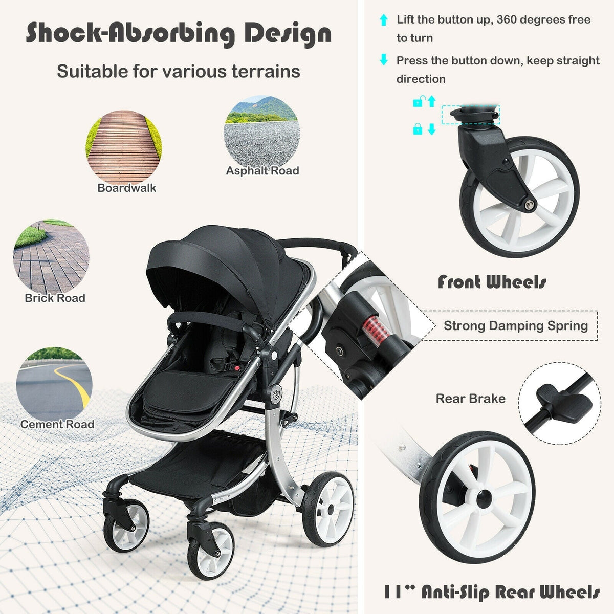 Folding Aluminum Infant Reversible Stroller with Diaper Bag