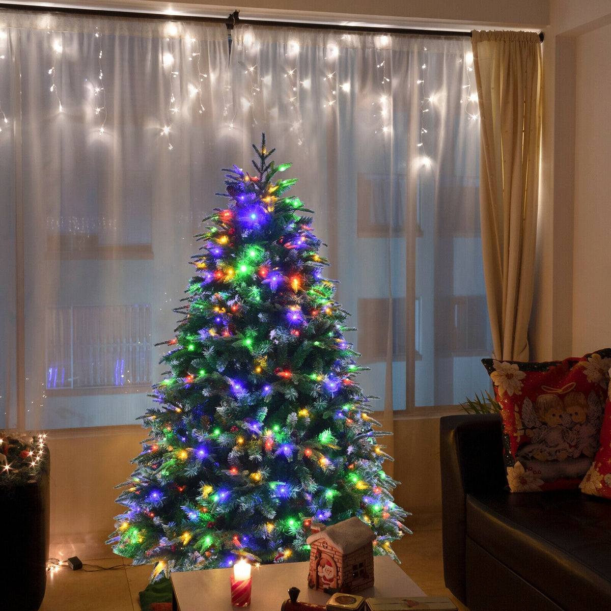 Pre-Lit Snowy Christmas Hinged Tree with Multi-Color Lights