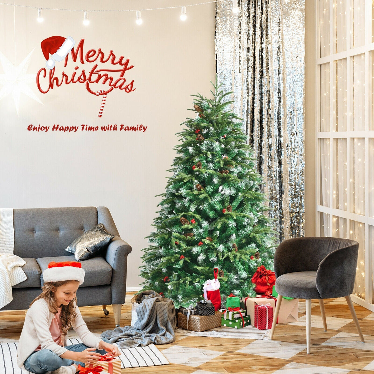 Pre-Lit Snowy Christmas Hinged Tree with Multi-Color Lights