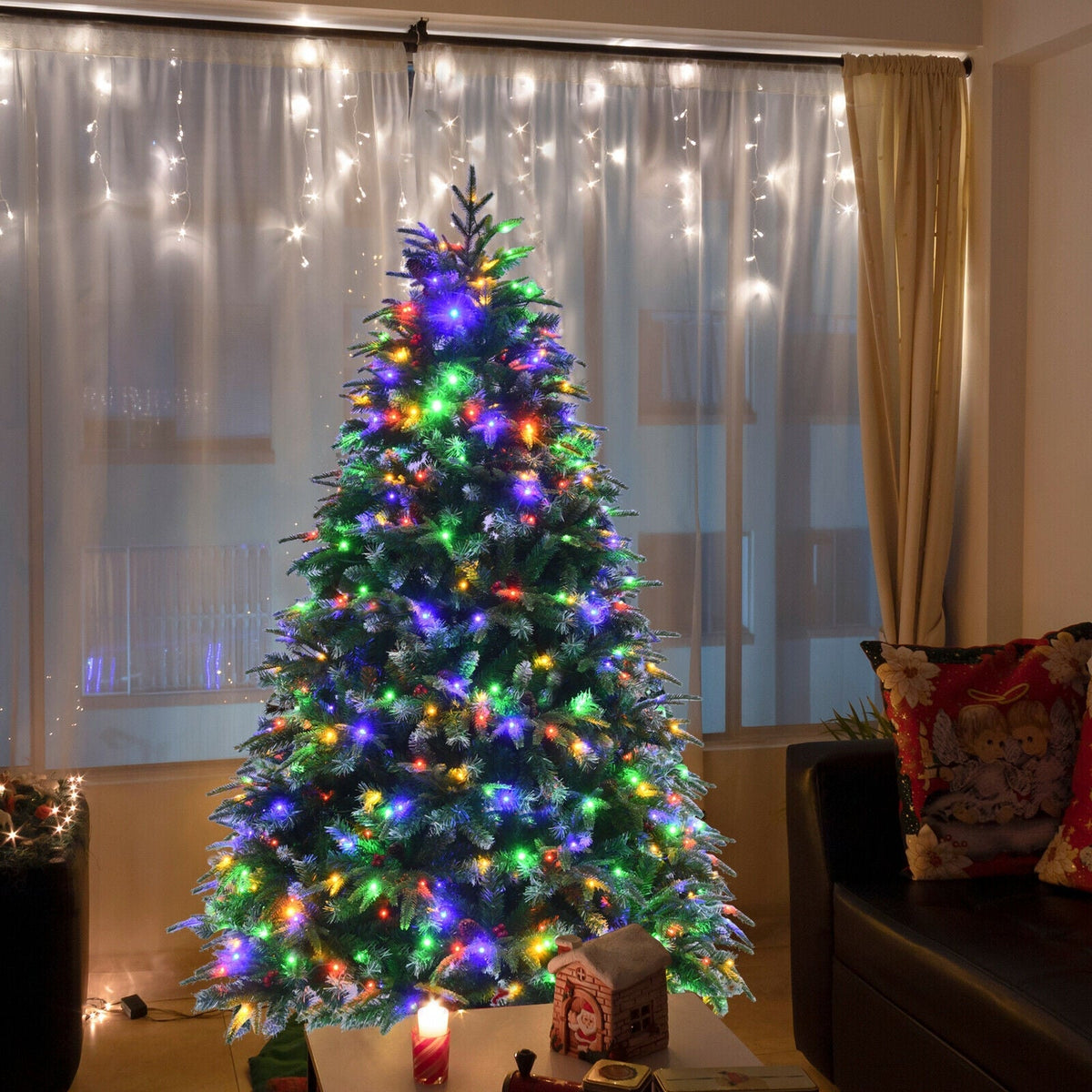 Pre-Lit Snowy Christmas Hinged Tree with Multi-Color Lights