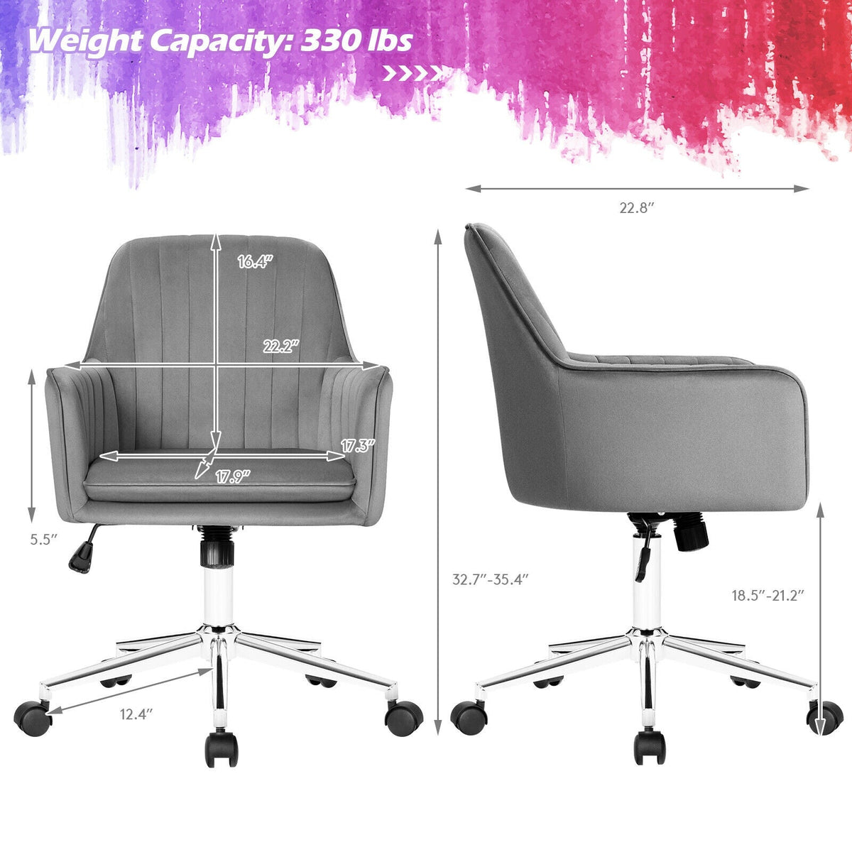 Velvet Accent Office Armchair with Adjustable Swivel and Removable Cushion