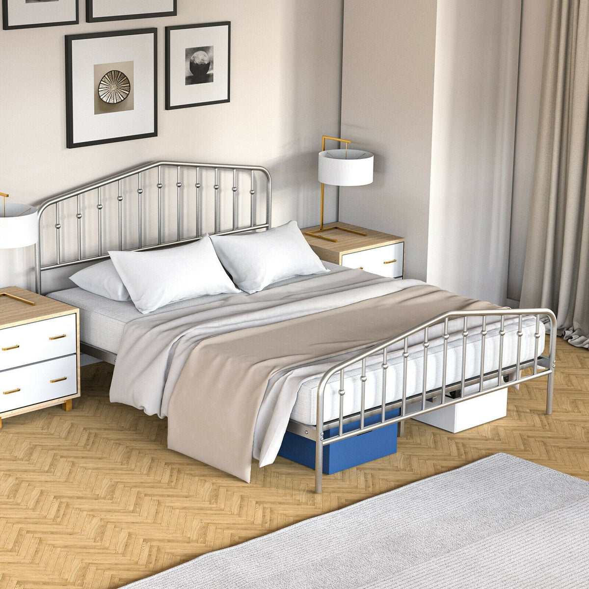 Queen Size Metal Bed Frame Slat Platform
