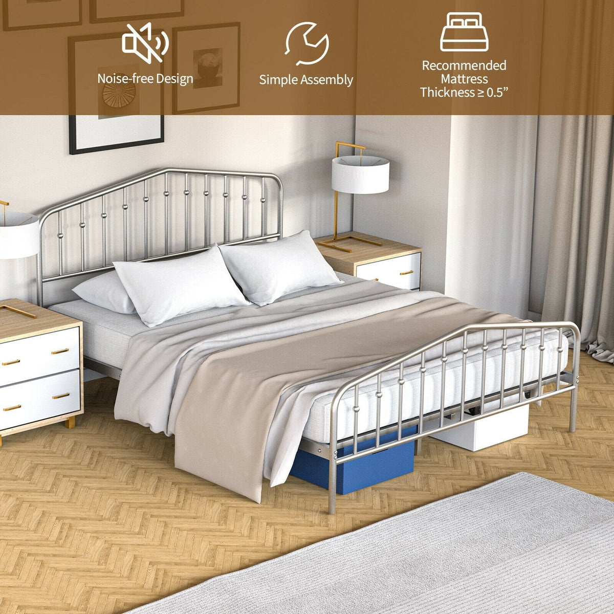 Queen Size Metal Bed Frame Slat Platform