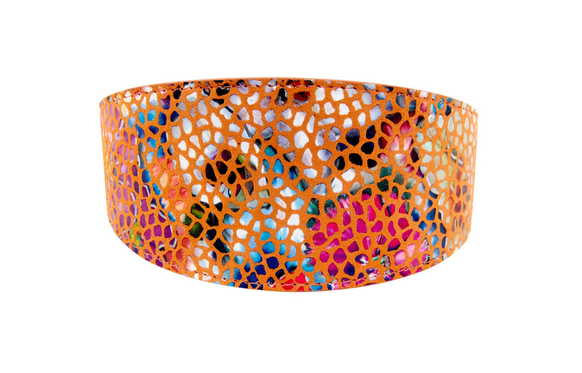Orange Floral Mosaic Italian Leather 3” Wide Style Collar