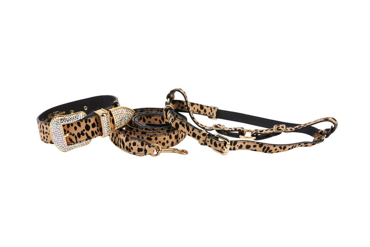 Classic Leopard Print Hair On Hide Italian Leather Swarovski Crystal Collar, Leash & Harness Set