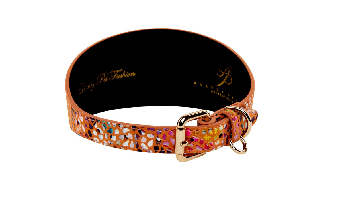 Orange Floral Mosaic Italian Leather 3” Wide Style Collar