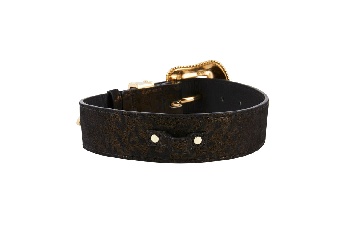 Dark Brown/Bronze Abstract Leopard Print Italian Leather Collar With Swarovski Crystal Hardware