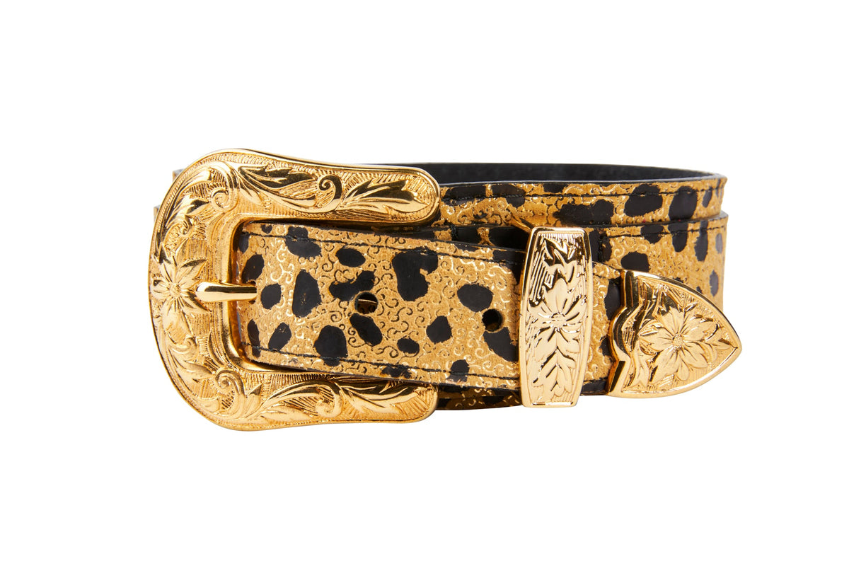 Leopard Print Italian Leather Collar With Gold Western Style Floral Hardware