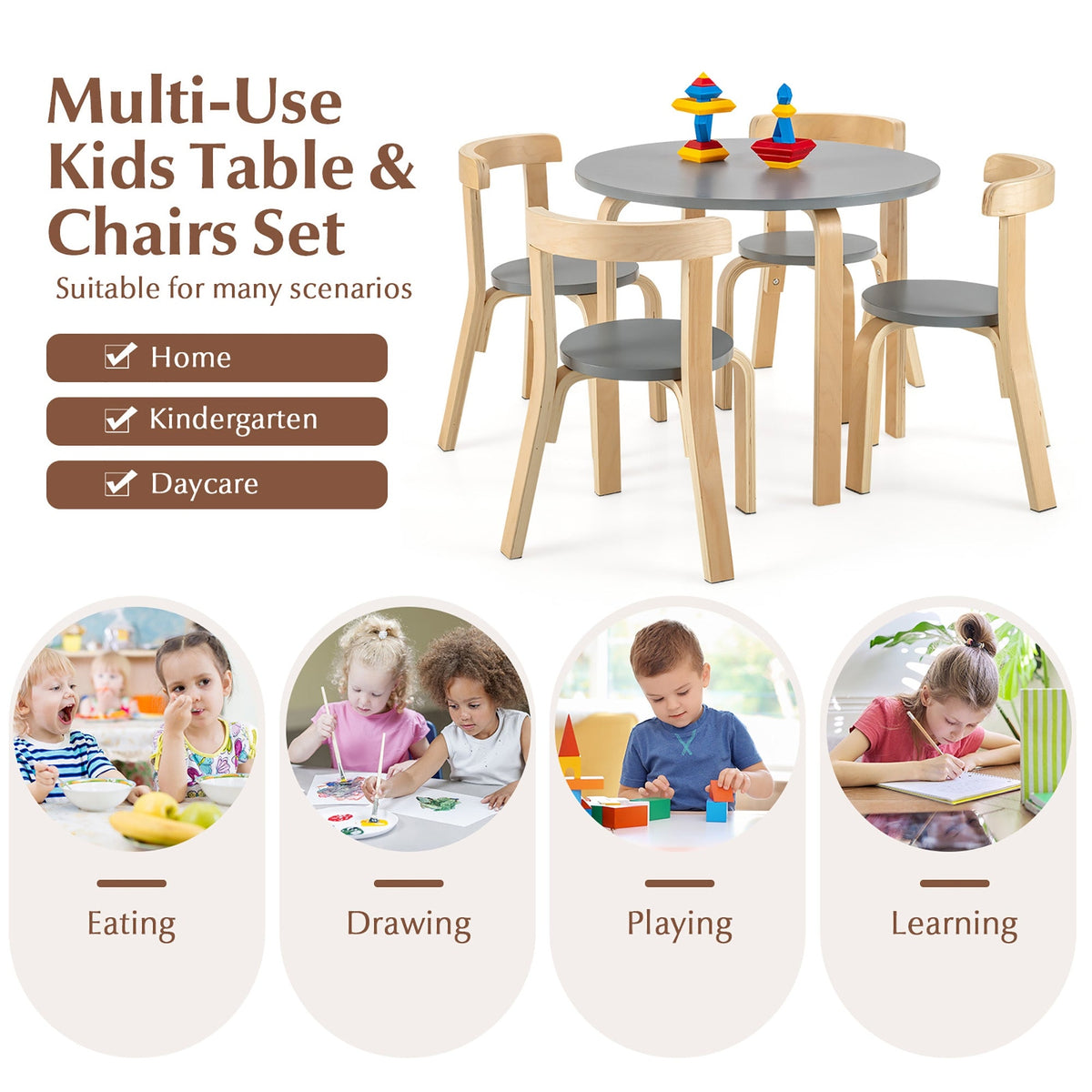 5-Piece Kids Wooden Curved Back Activity Table and Chair Set with