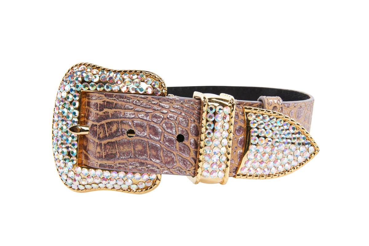 Pink, Purple & Silver Embossed Croc Italian Leather/Swarovski Crystal Collar