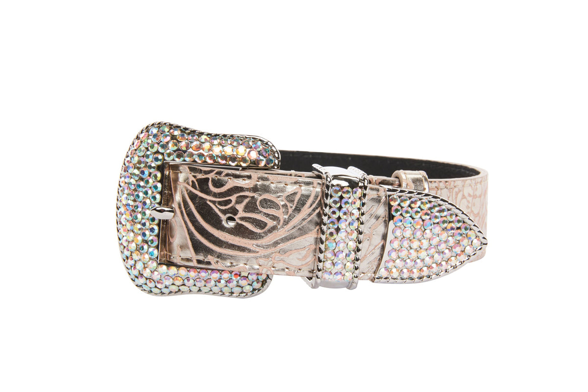 Soft Pink/Silver Floral Print Italian Leather With Silver Swarovski Crystal Hardware