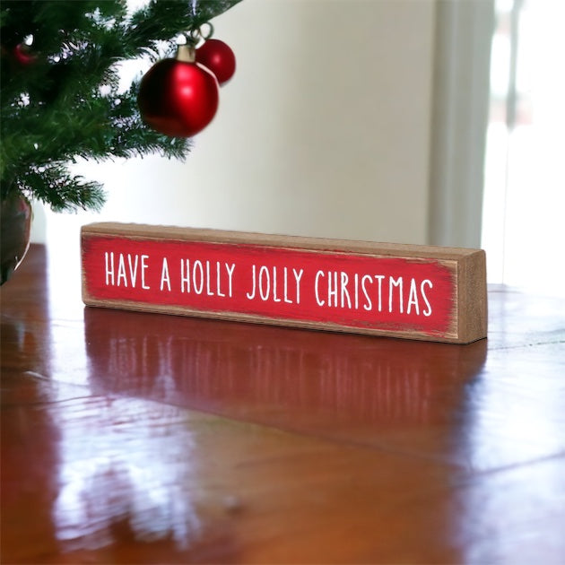 Holly Jolly Christmas Wooden Shelf Sitter Sign Holiday Mantel Shelf Decor Rustic Farmhouse