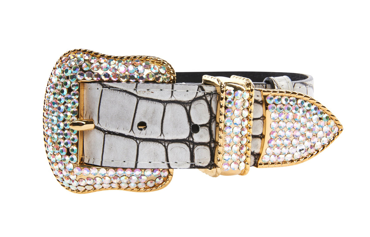 Dark Brown/Off White Embossed Croc Italian Leather Collar With Gold Swarovski Hardware