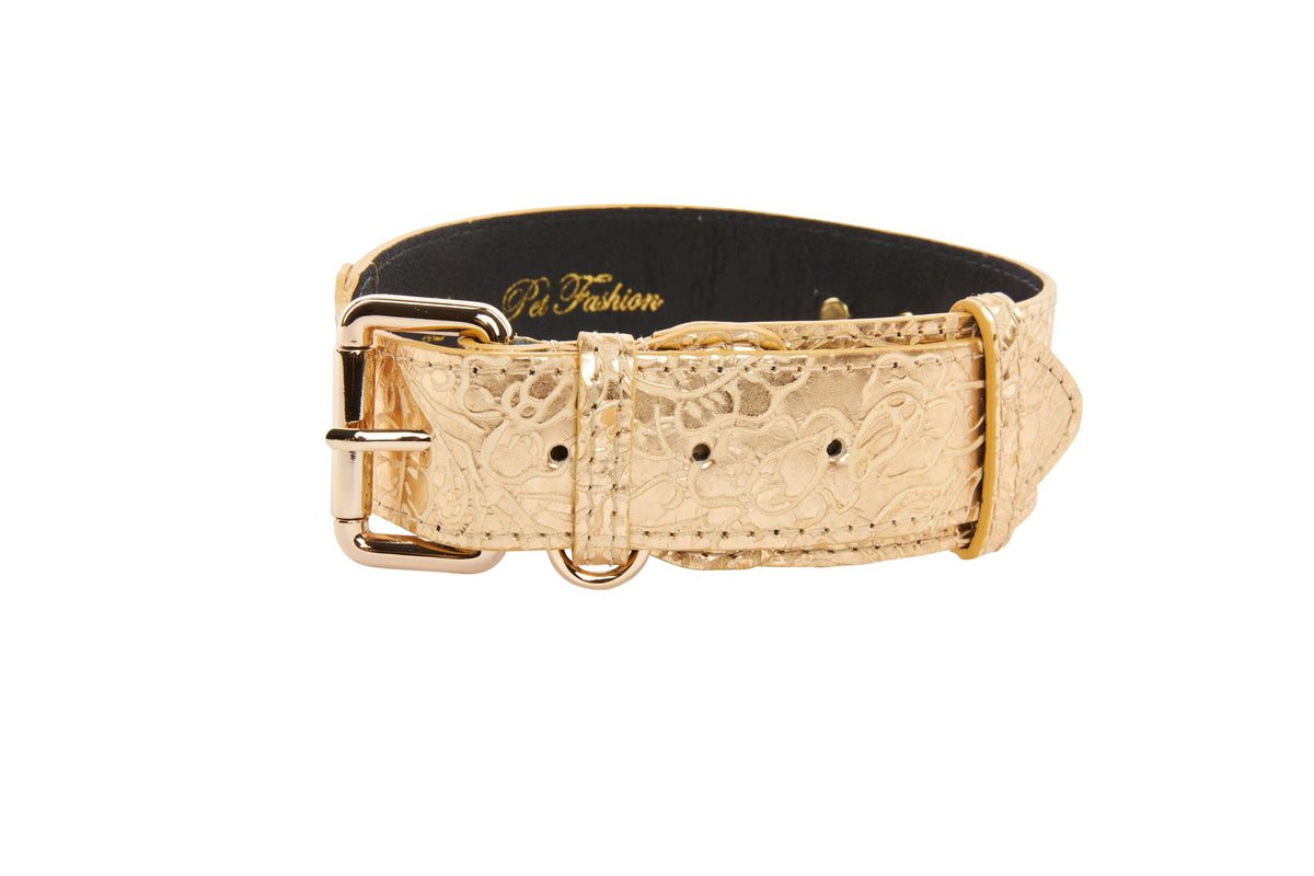 Gold Floral Print Italian Leather With Gold Classic Collar Hardware