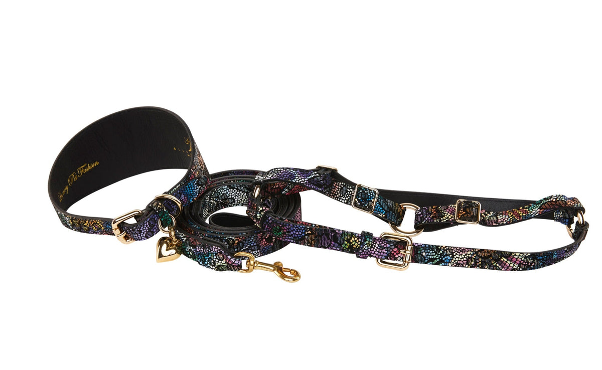 Floral/Lace Embossed Italian Leather 3” Wide Style  Collar, Leash, Harness Set