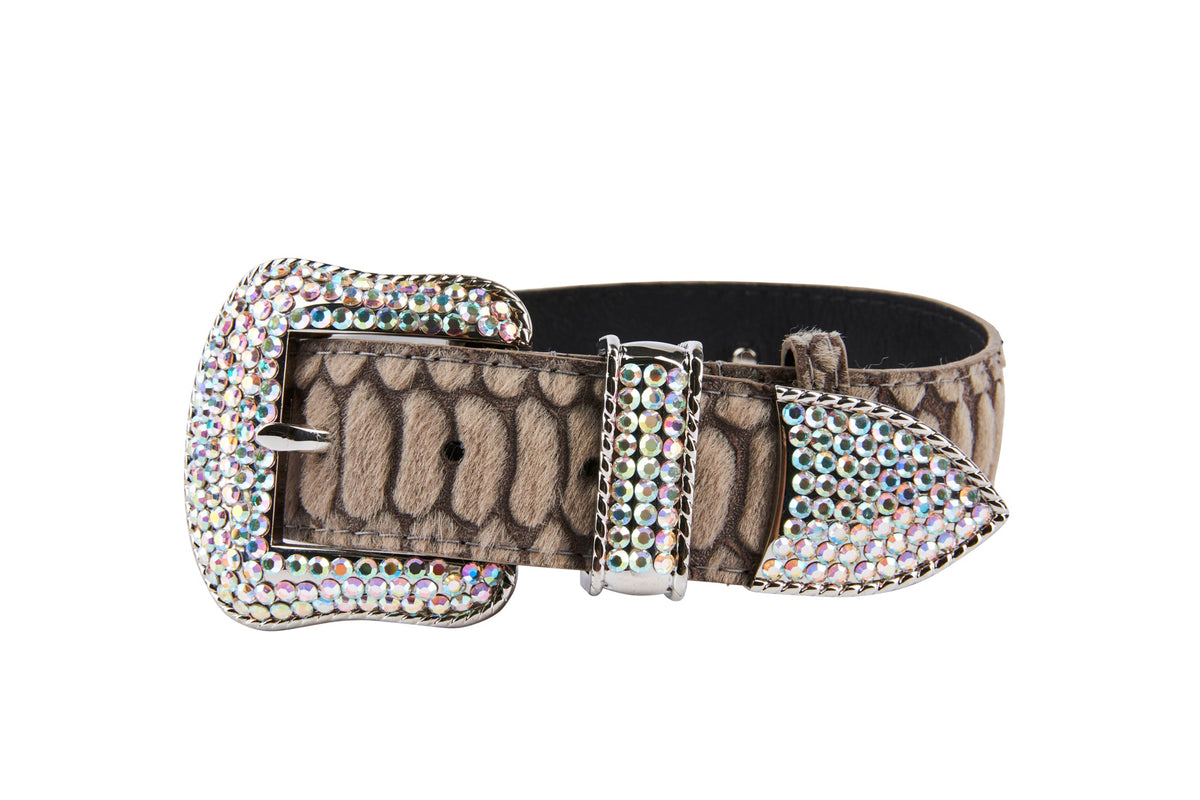 Grey Snake Print Hair On Hide Italian Leather Collar With Swarovski Hardware