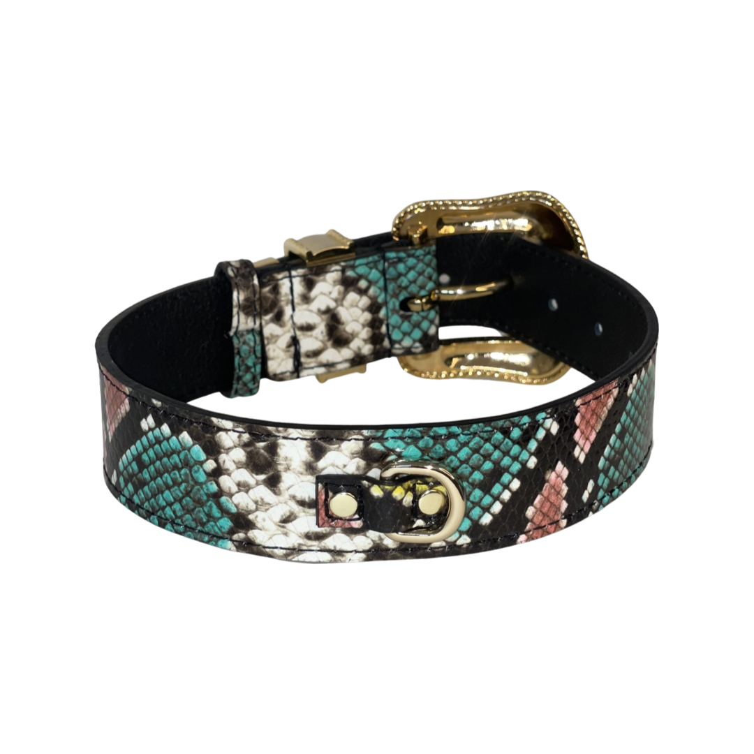 Multi-Color Embossed Snake Italian Leather Collar, with our Italian Made Swarovski Crystal Hardware
