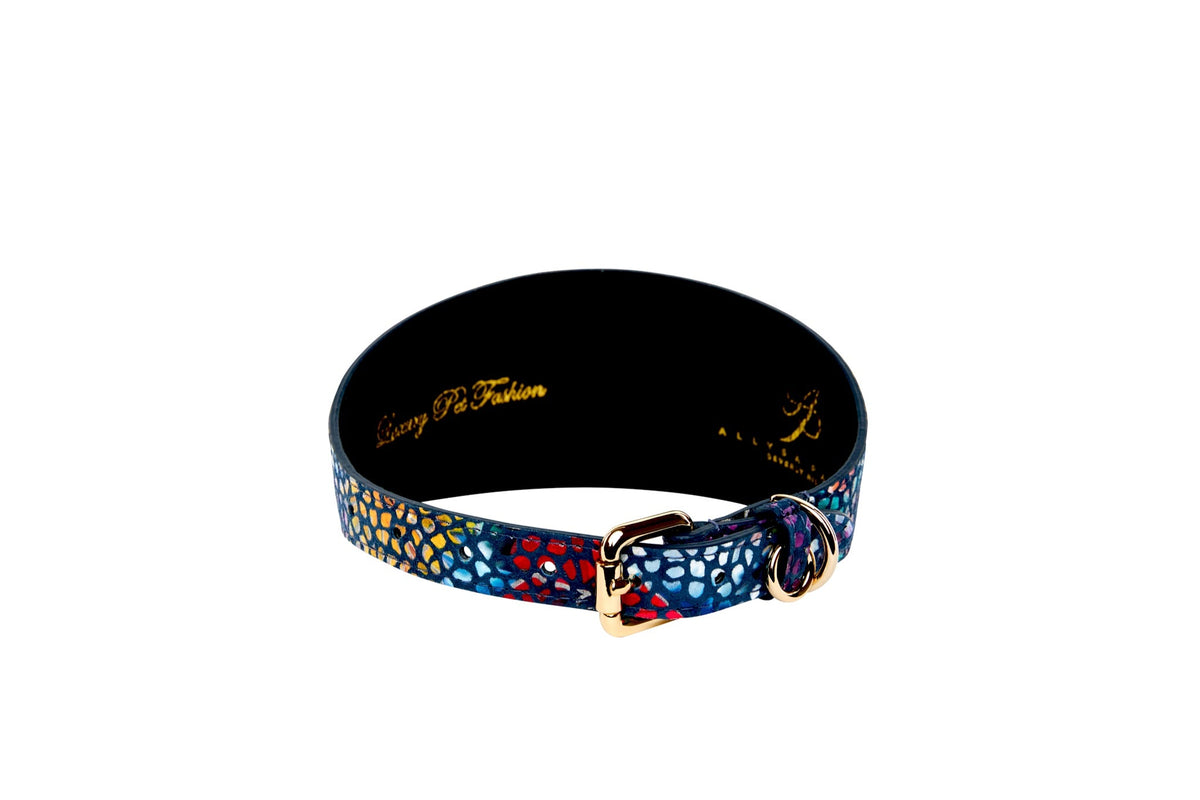 Dark Midnight Blue Floral Mosaic Italian Leather 3” Wide Style Collar