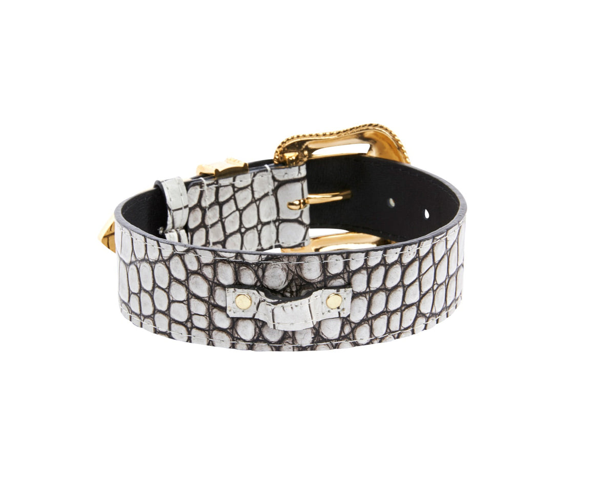 Dark Brown/Off White Embossed Croc Italian Leather Collar With Gold Swarovski Hardware