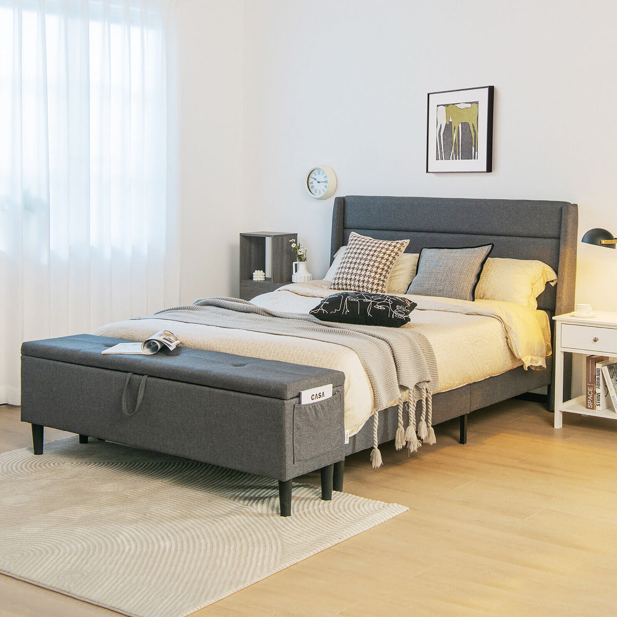 Full/Queen Size Upholstered Platform Bed Frame with Storage Ottoman