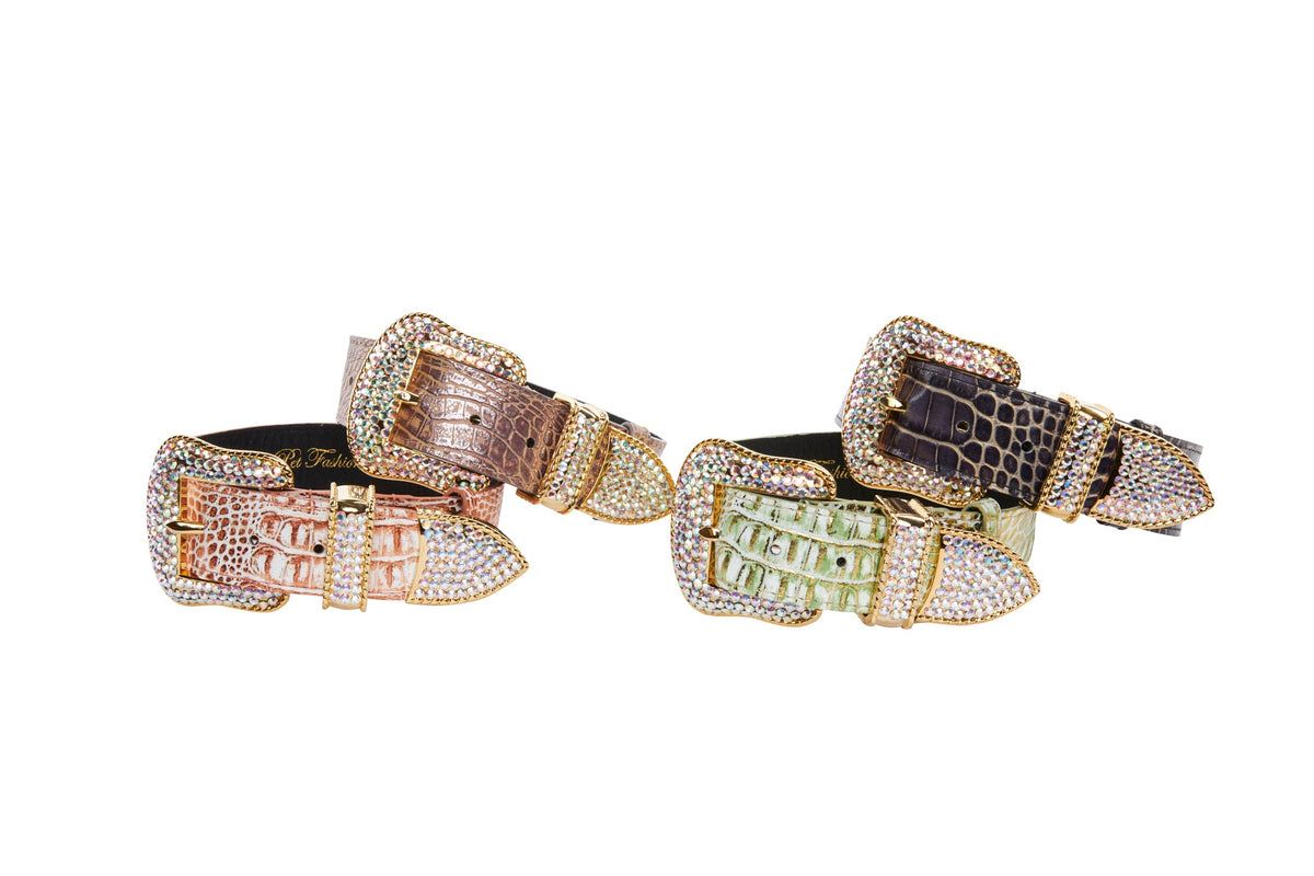 Embossed Croc Italian Leather/Swarovski Crystals Collars. Set Of 4