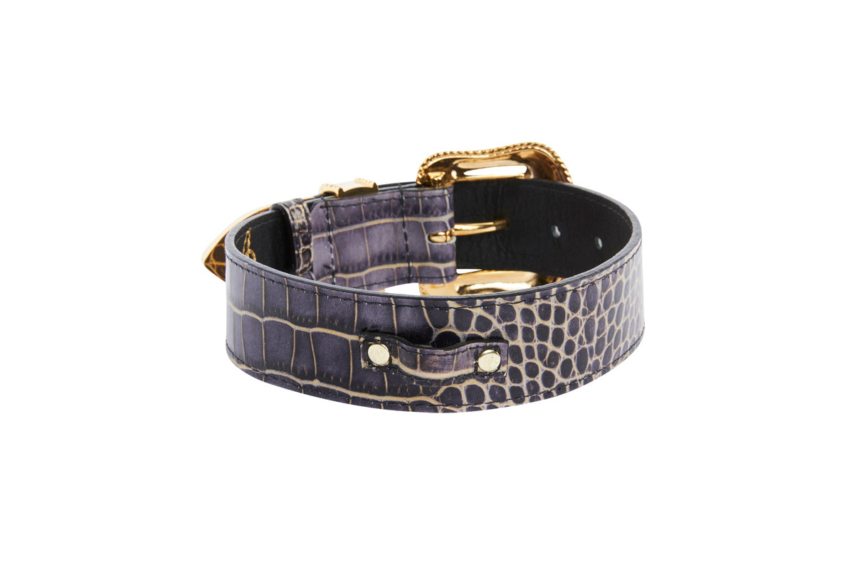 Purple & Gold Embossed Croc Italian Leather/Swarovski Crystal Collar