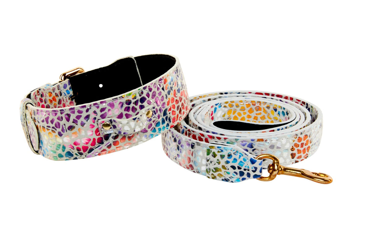 White Floral Mosaic Italian Leather Collar & Leash Set With Gold Classic Hardware