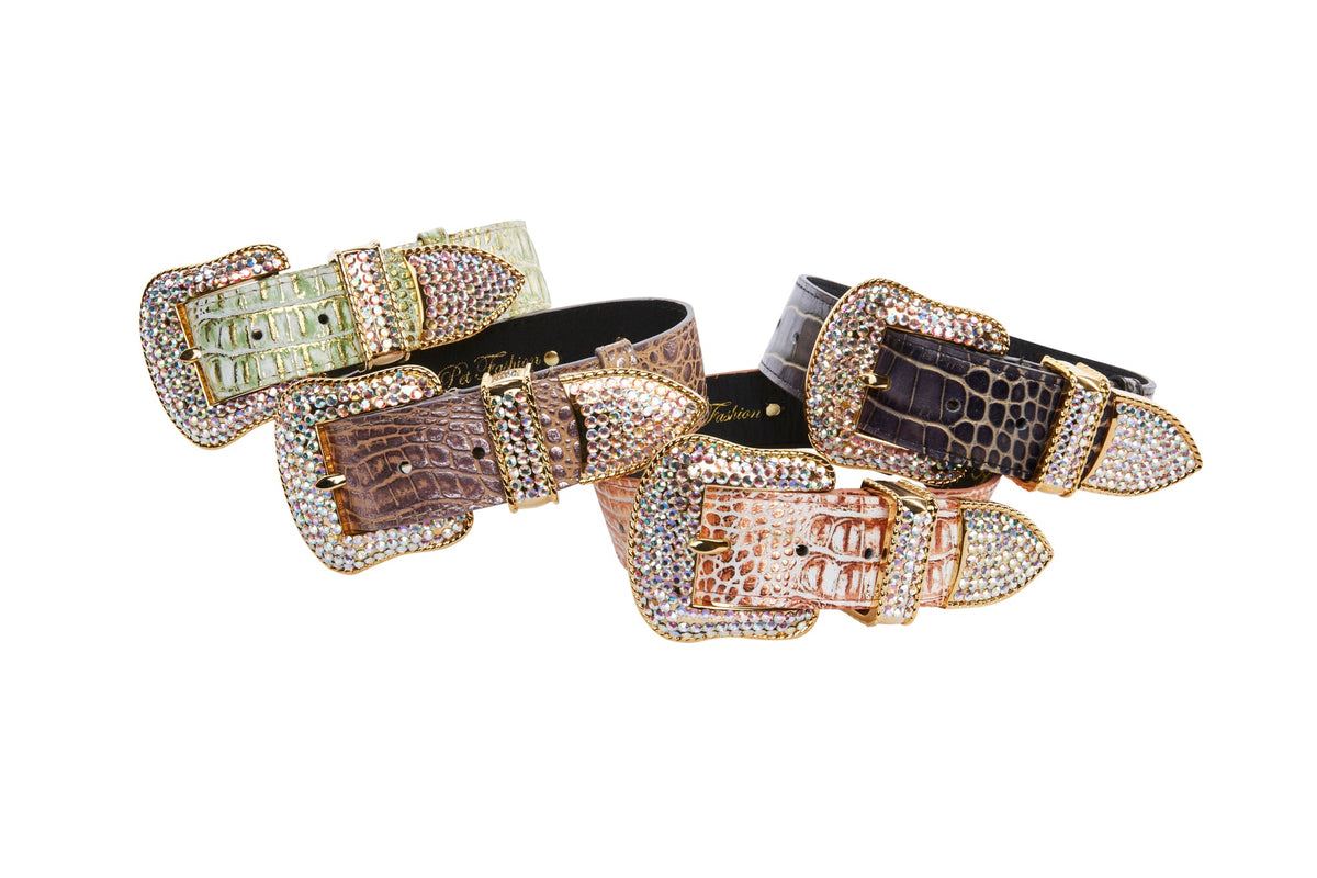 Embossed Croc Italian Leather/Swarovski Crystals Collars. Set Of 4