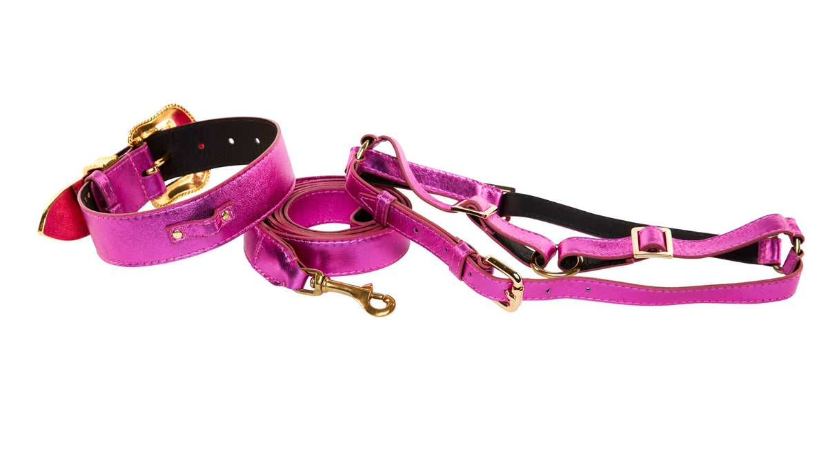 Pink Foil Italian Leather/Swarovski Crystal Collar, Leash, Harness Set