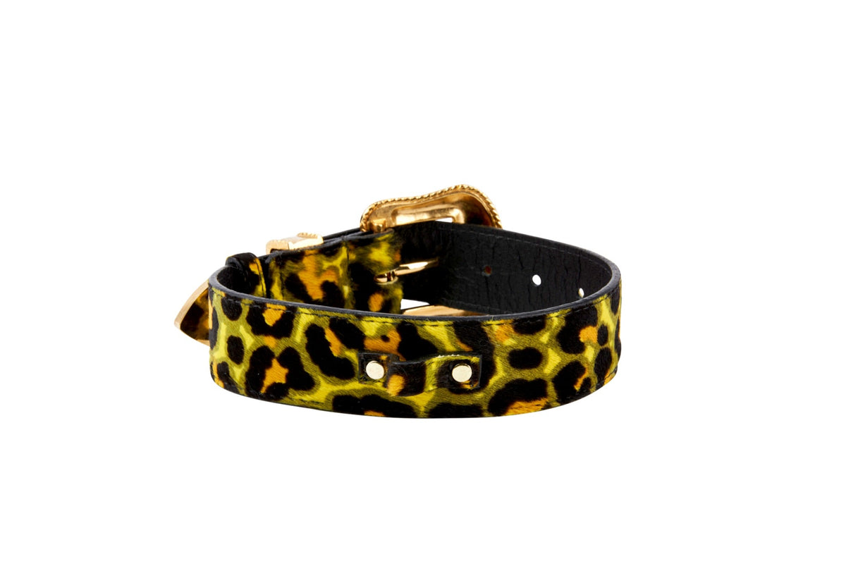 Yellow, Green, Black, Orange Leopard Print Hair On Hide Italian Leather Collar, With Swarovski Crystal Hardware