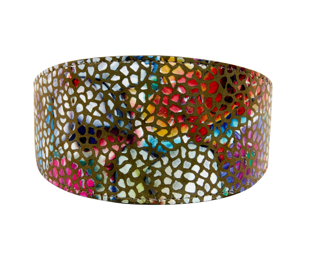 Olive Floral Mosaic Italian Leather 3” Wide Style Collar
