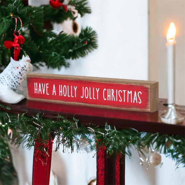 Holly Jolly Christmas Wooden Shelf Sitter Sign Holiday Mantel Shelf Decor Rustic Farmhouse