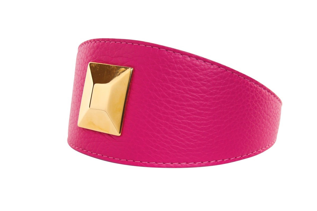 Fuchsia Pink Italian Leather 3” Wide Style Collar With Custom Large Gold Rivet