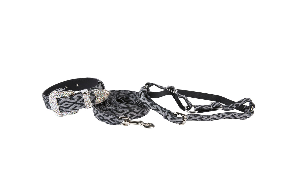 Blue Jean Color Patterned Hair On Hide Italian Leather Silver Swarovski Crystal Hardware Set