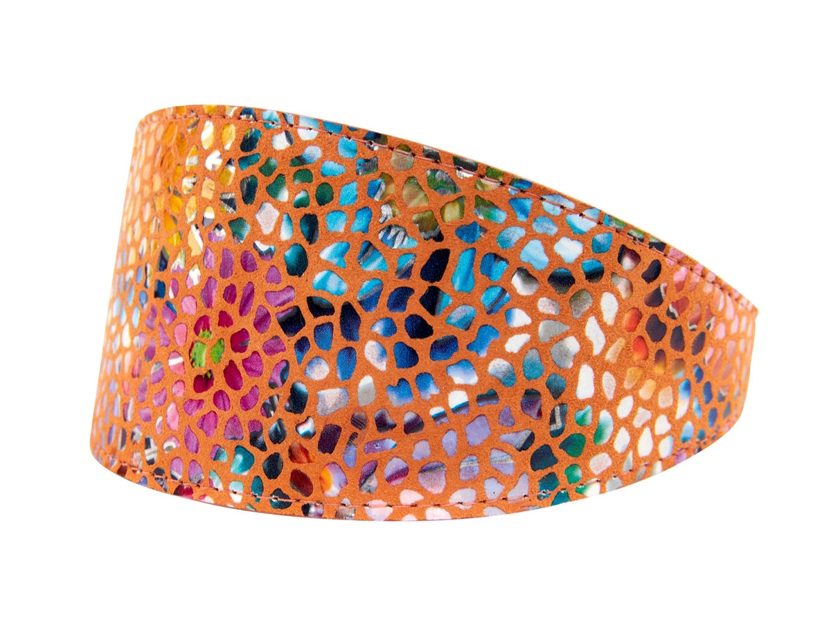 Orange Floral Mosaic Italian Leather 3” Wide Style Collar