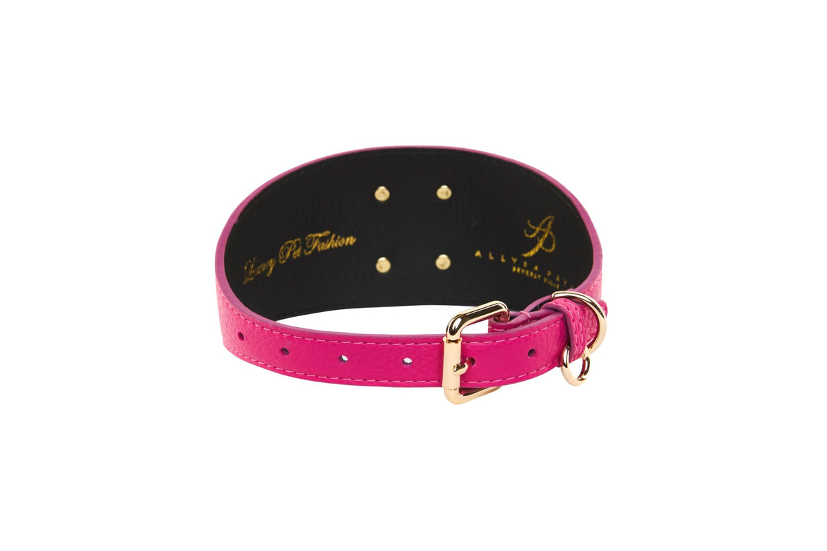 Fuchsia Pink Italian Leather 3” Wide Style Collar With Custom Large Gold Rivet