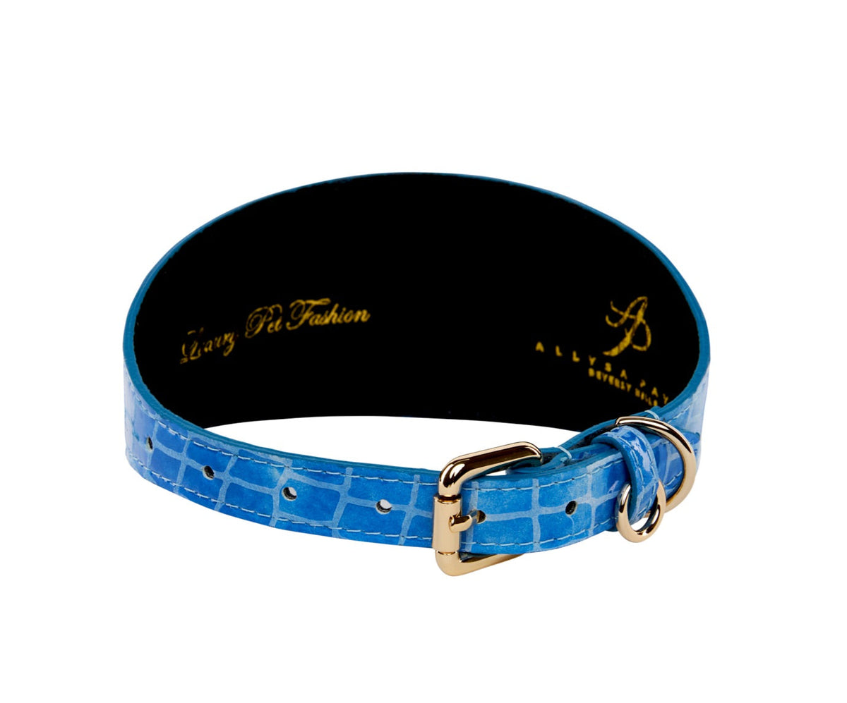Blue Patent Embossed Croc Italian Leather Collar With Large Gold Custom Rivet