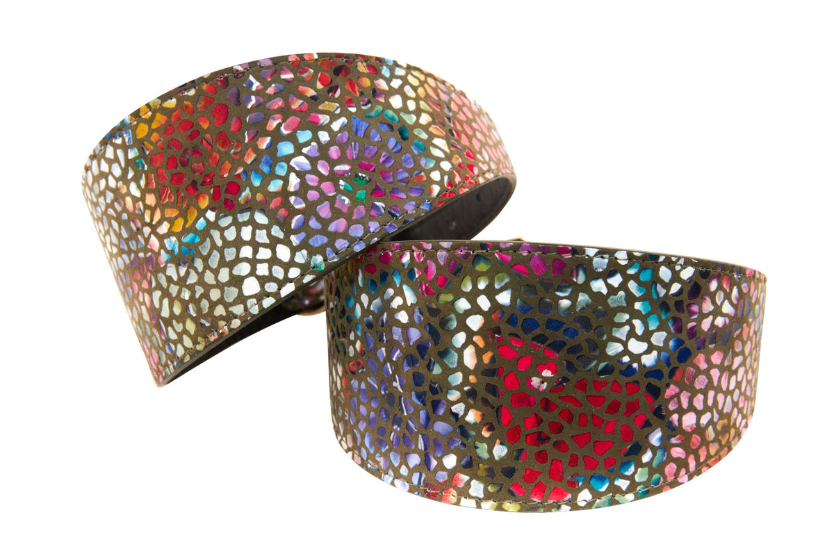 Olive Floral Mosaic 3” Wide Style Collars. Set Of 2